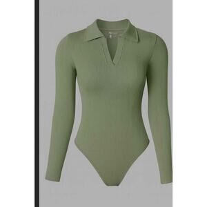 “OQQ Sage Green Collared Long Sleeve Bodysuit – Sleek & Sculpting NEW/SMALL